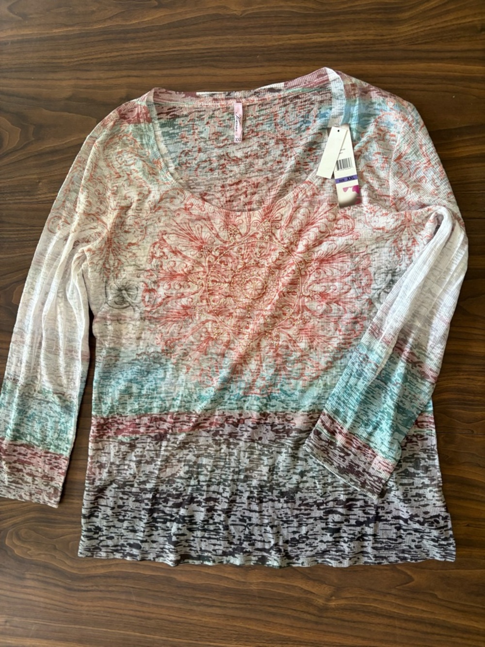 Hippy plus size XXL Kiara Multicolor Scoop Neck Long Sleeve Top  Coral Teal Gray